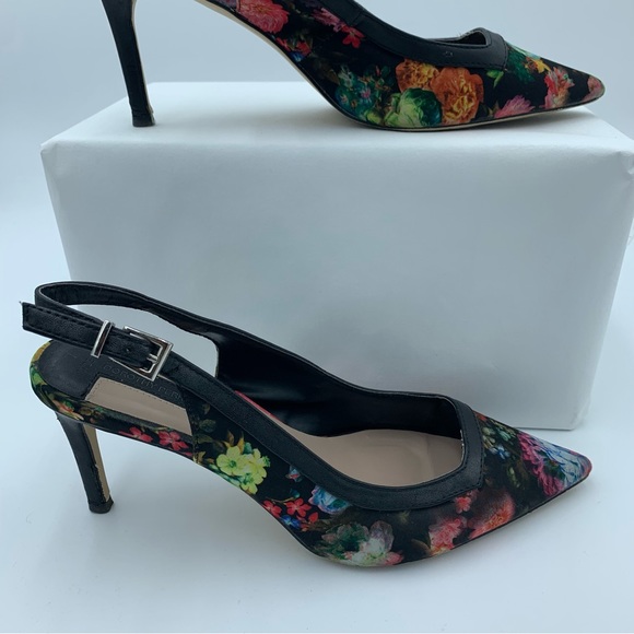 Dorothy Perkins Black Floral Sling Back Shoes Stiletto Heels Faux Leather UK 7 - Picture 6 of 13